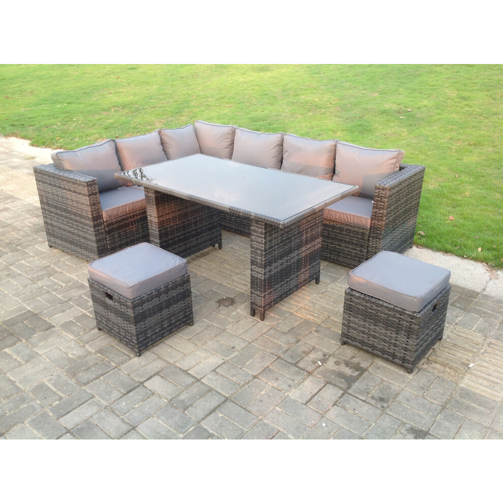 Fimous Outdoor Lounge Rattan Corner Sofa Set Garden Furniture With Small Footstools 6 Seater Grey