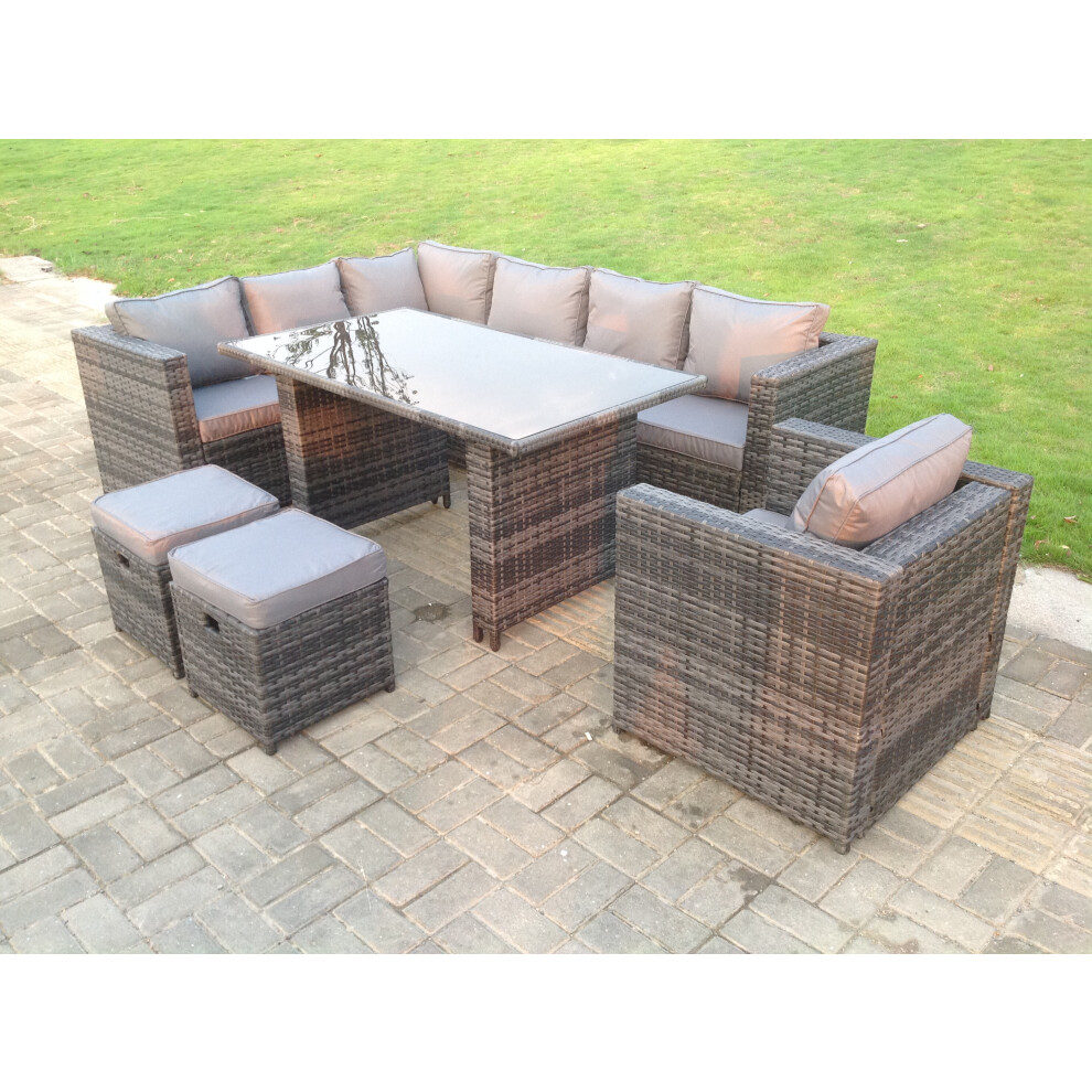 Fimous Outdoor Lounge Rattan Corner Sofa Set Garden Furniture Rectangular Dining Table Chair 8 Seater Grey
