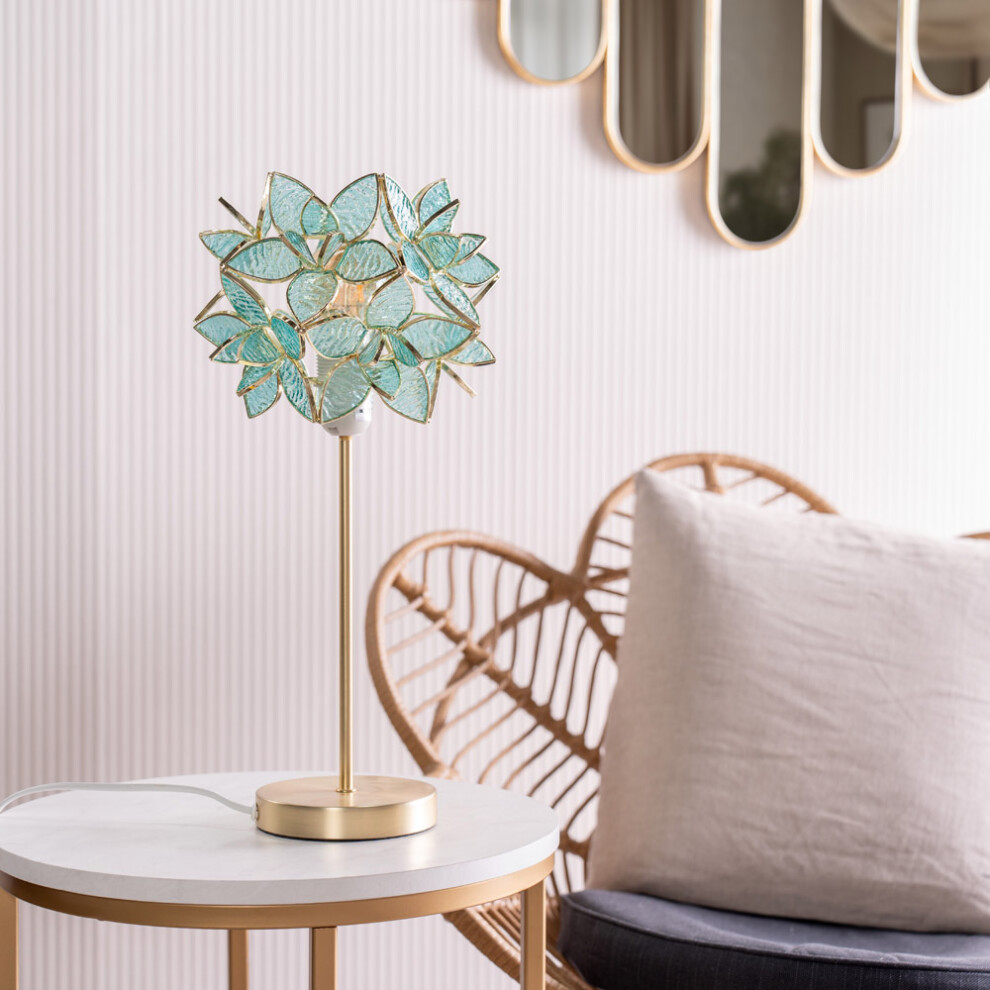 Gold Stem Table Lamp with Aqua Glass Flower Pendant
