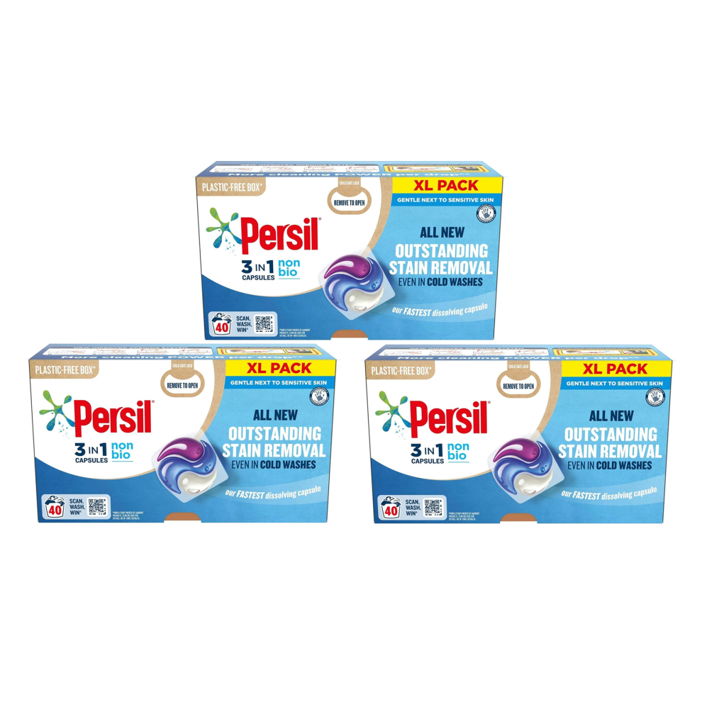 Persil Non Bio 3in1 Washing Capsules Plastic Free 3x 40 Washes =120 Wash XL Pack