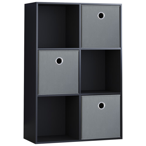 Vida Designs (Black, Grey) Durham 6 Cube Shelf Drawer Bookcase with 3 Baskets