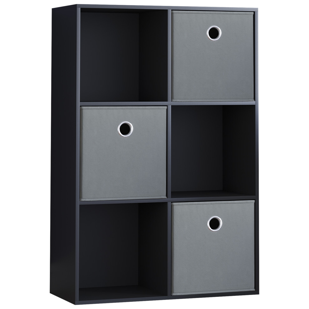 (Black, Grey) Durham 6 Cube Shelf Drawer Bookcase with 3 Baskets