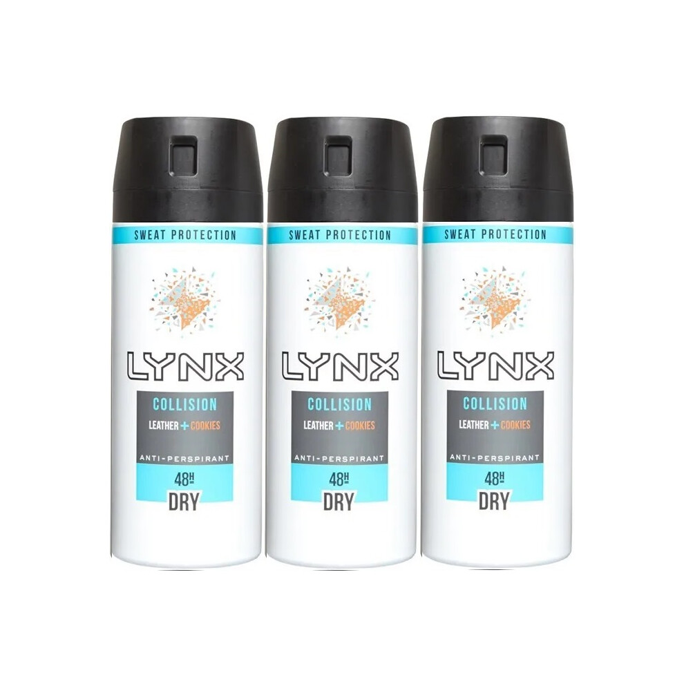 3 x 150ml Lynx Collision Leather + Cookies 48H Dry Antiperspirant  Spray