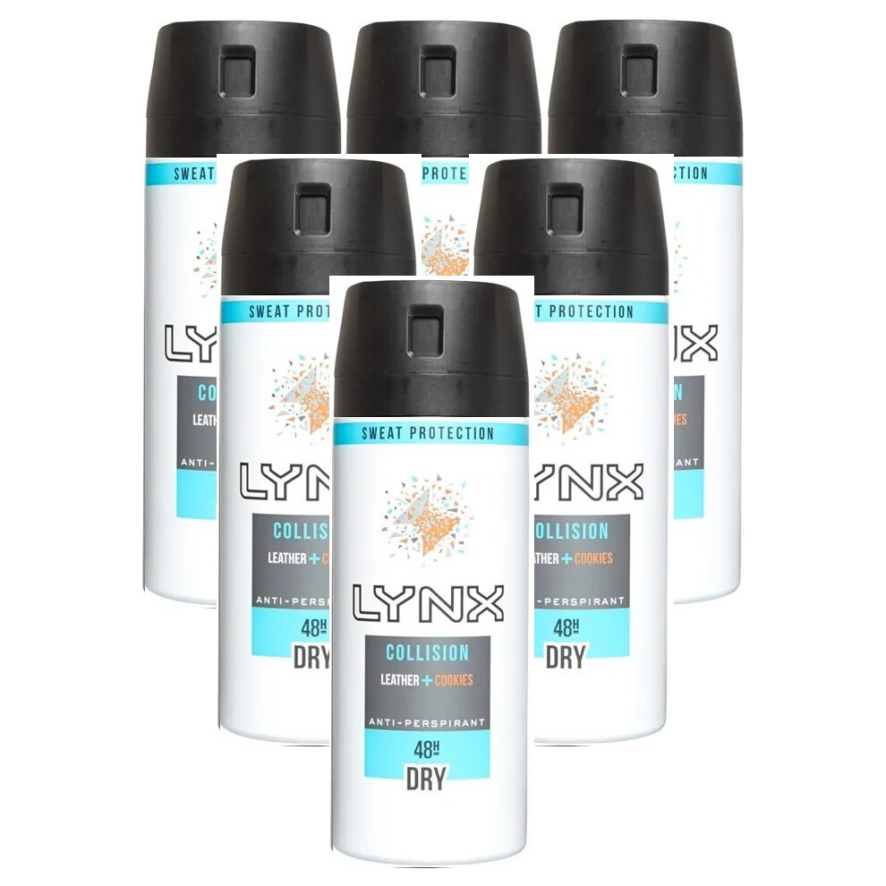 6 x 150ml Lynx Collision Leather + Cookies 48H Dry Antiperspirant  Spray