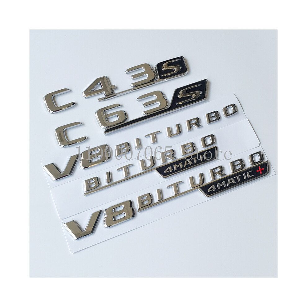 (2017 Chrome) Flat Letters V8 Biturbo 4Matic Emblem For Mercedes Benz Amg C43 C63 C63s 8105270384835