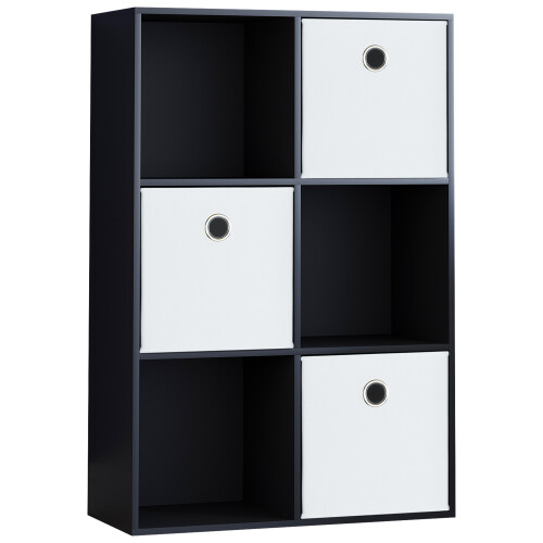 Vida Designs (Black, White) Durham 6 Cube Shelf Drawer Bookcase with 3 Baskets