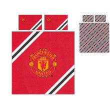 Man Utd Core Stripe Double Duvet Cover & Pillow Case Set Reversible - 200x200cm Duvet, 50x75cm Pillow Cases, Red/White/Yellow - BLDVEPCRSTPDBMNU