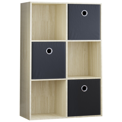 Vida Designs (Oak, Black) Durham 6 Cube Shelf Drawer Bookcase with 3 Baskets