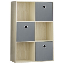 (Oak, Grey) Durham 6 Cube Shelf Drawer Bookcase with 3 Baskets