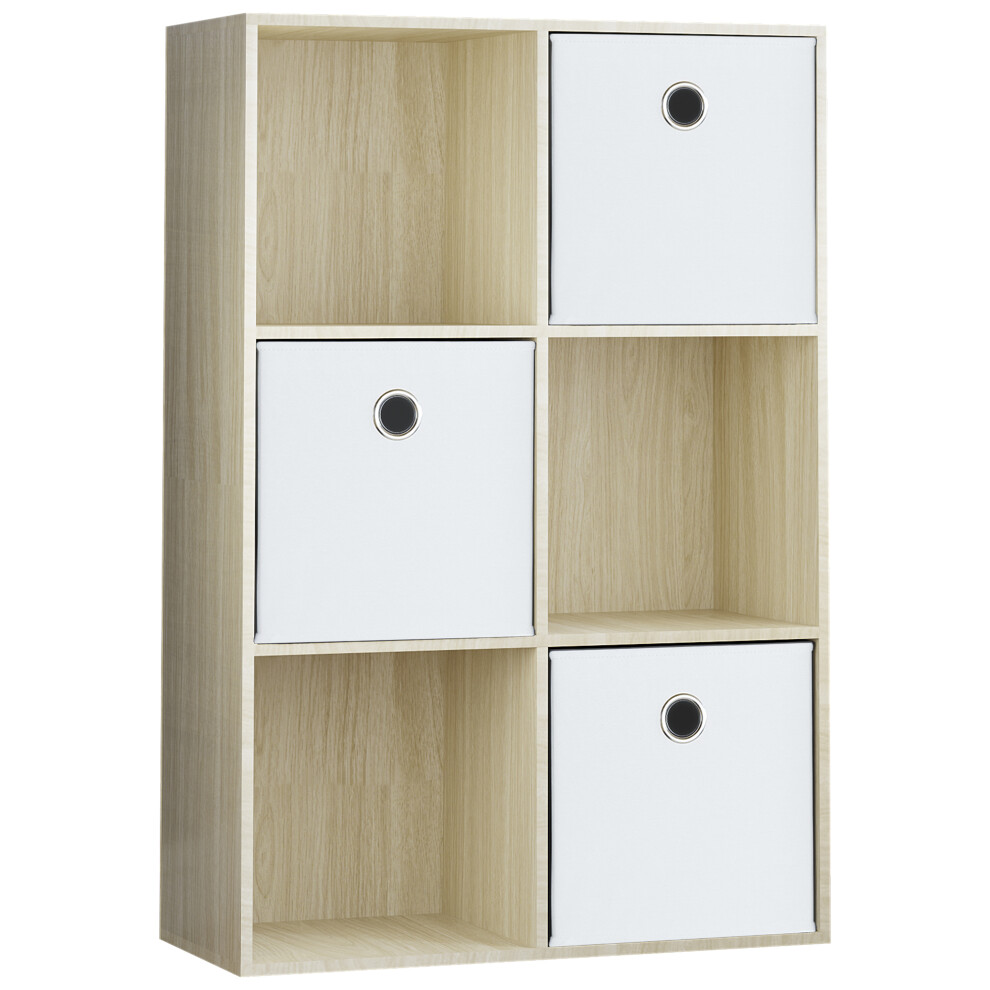 (Oak, White) Durham 6 Cube Shelf Drawer Bookcase with 3 Baskets