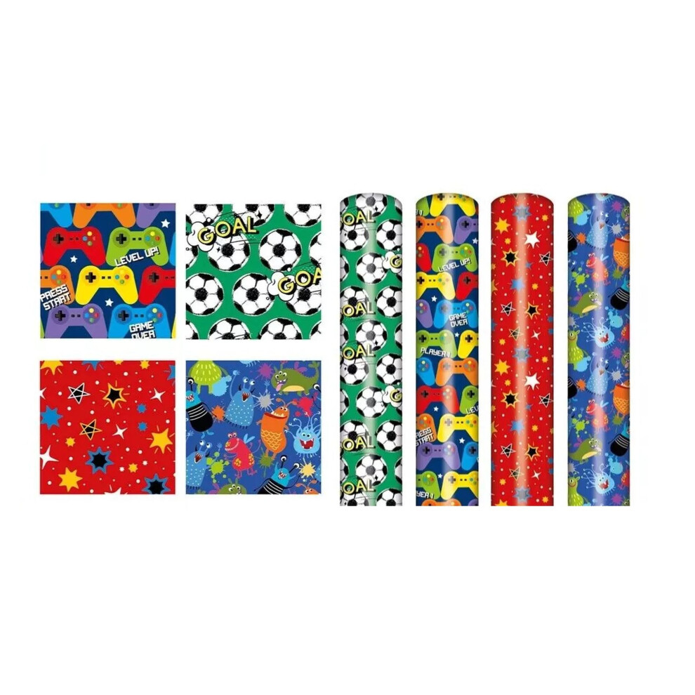 Boys Birthday Wrapping Paper 4 Rolls 3M Console Football Monster Star