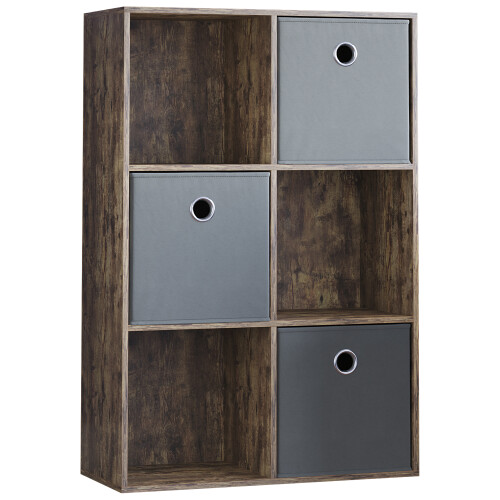 Vida Designs (Dark Wood, Grey) Durham 6 Cube Shelf Drawer Bookcase with 3 Baskets