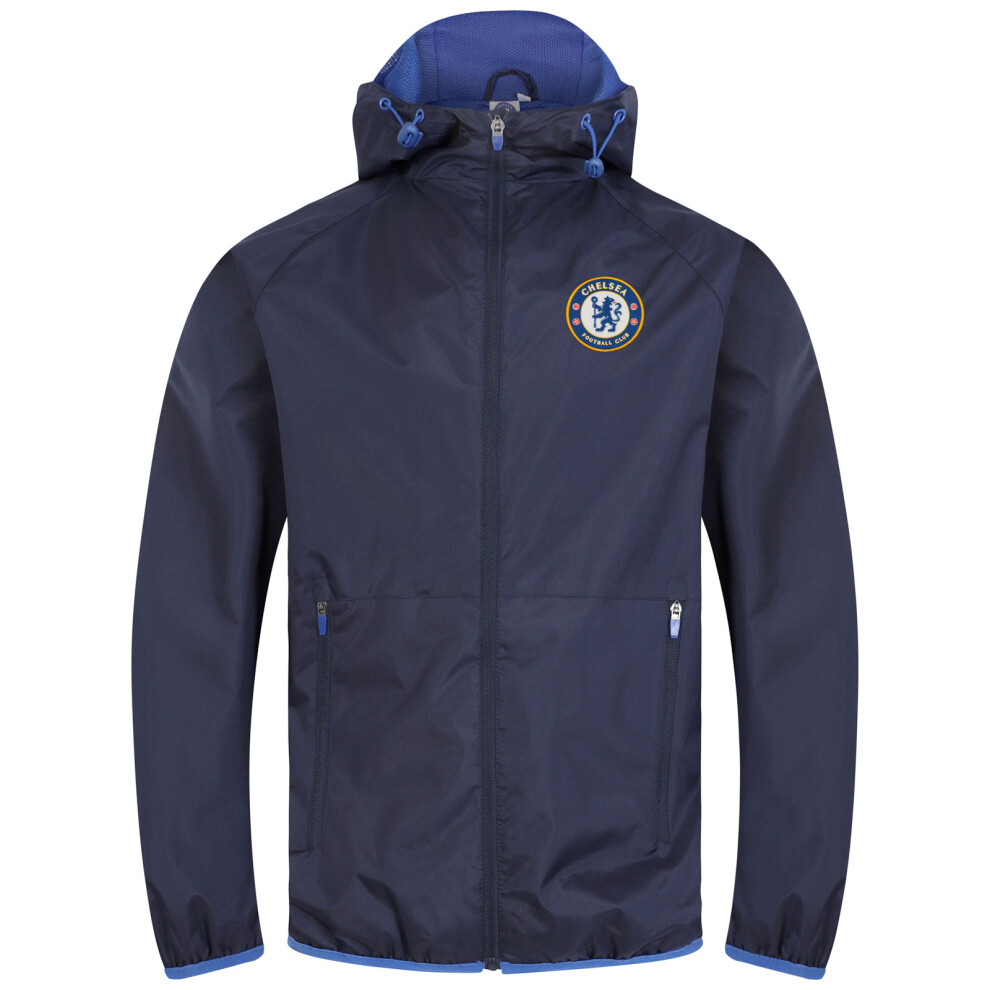 (Navy Peak Hood, Small) Chelsea FC Official Football Gift Mens Shower Jacket Windbreaker