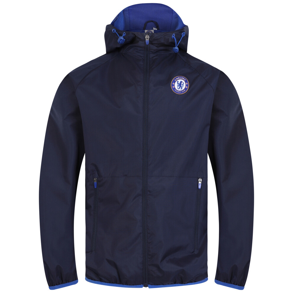 (Navy Peak Hood, XL) Chelsea FC Official Football Gift Mens Shower Jacket Windbreaker