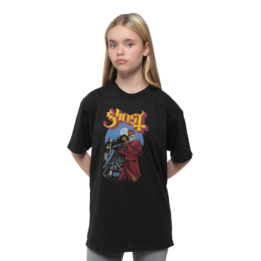 (XX-Large (13/14 Yrs)) Ghost Kids T Shirt Advanced Pied Piper Band Logo Official Black Ages 5-14 yrs