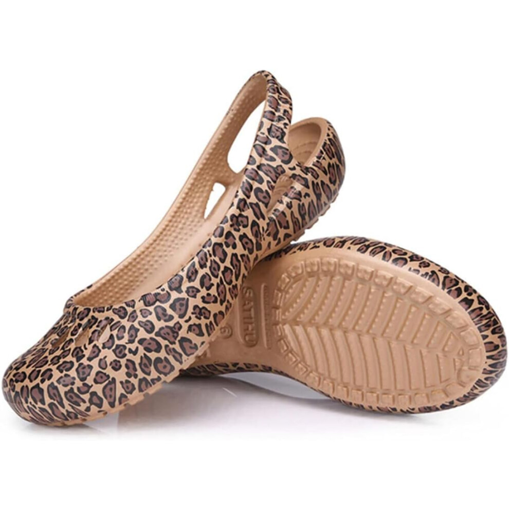 (7.5, Golden Leopard) Women Clogs Jelly Sandals Home Non-Slip Summer Shoes Flat Slippers Waterproof Garden Shoes