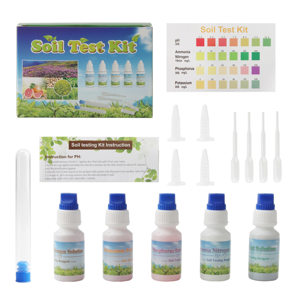 4 in 1 Soil Test Kit PH Ammonia Nitrogen Phosphorus Potassium Fertility Tester Reagent Solution Acidity Meter for Garden Farm