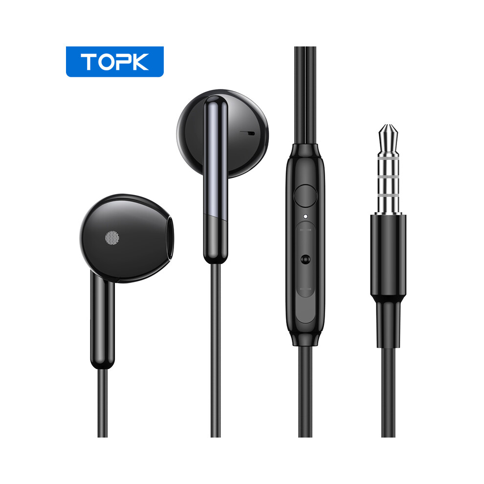 (Black) TOPK 3.5mm Wired Earphone with Microphone Wire-controlled in-ear Headphone