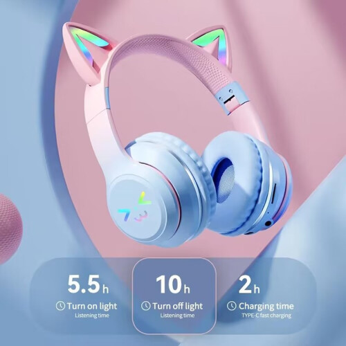 (Pink) Cat Ear Headphone Bluetooth Wireless Music Headset Gradient Color LED 2