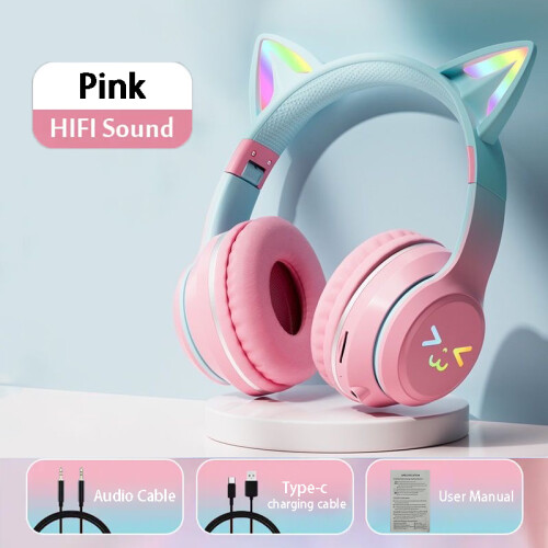 (Pink) Cat Ear Headphone Bluetooth Wireless Music Headset Gradient Color LED
