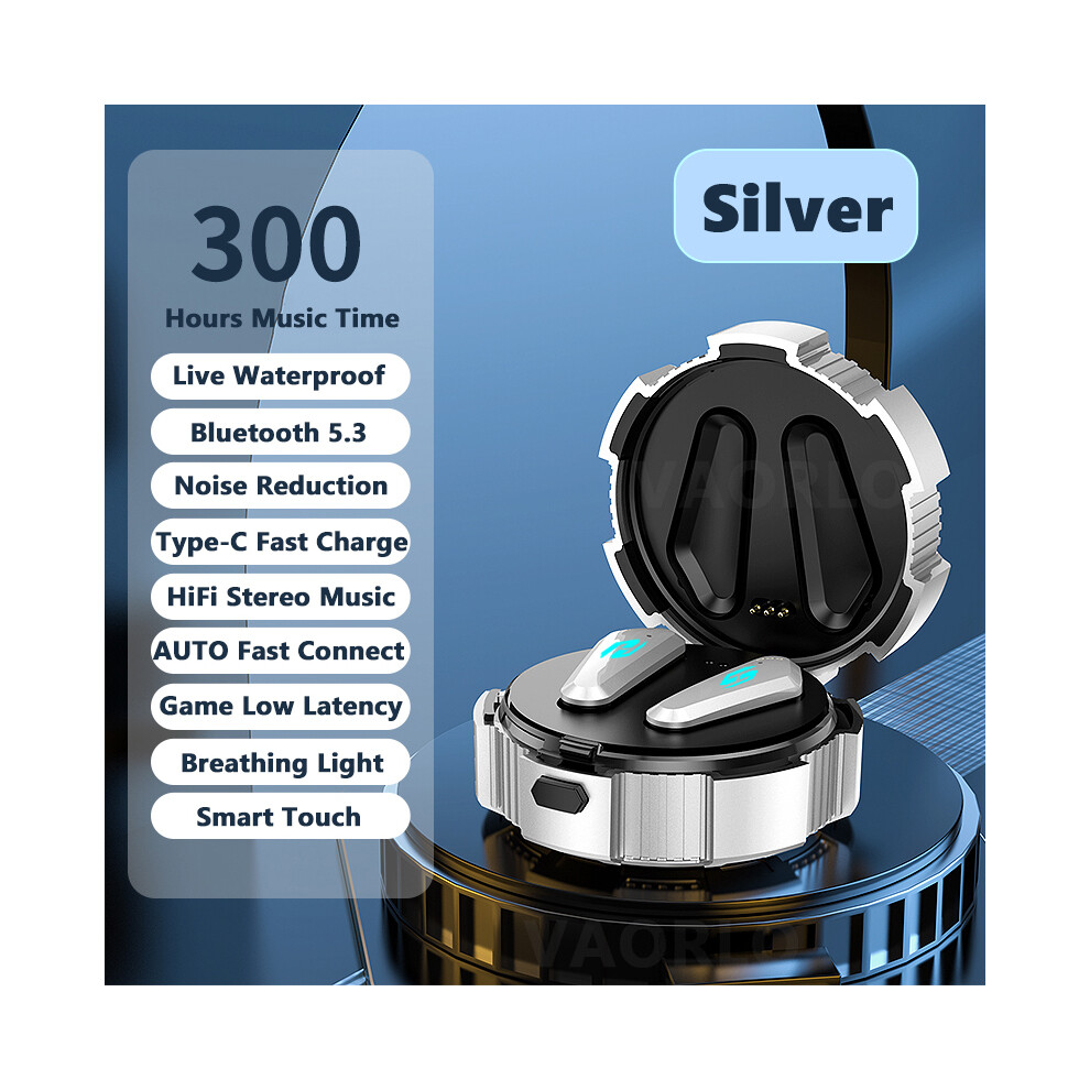 (Silver) Tws Game Headset Bluetooth 5.3 Hifi Stereo Wireless Headphone Low Latency Silver 9123213492125