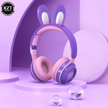 (PURPLE) New Wireless Earphones RGB Rabbit Ears Headset with Mic Cute Girls Music