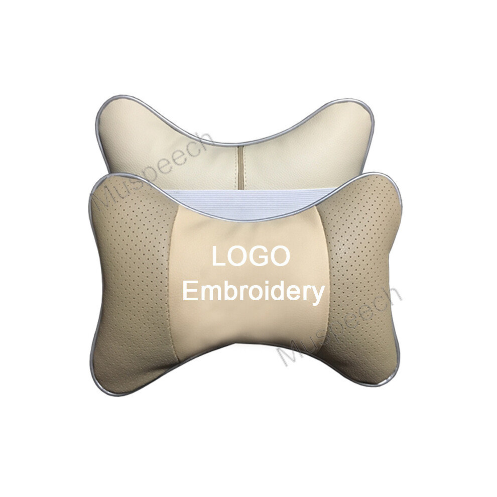 Maxpower (For Nissan Beige) 2Pcs Beige Embroidery Car Neck Pillow Leather Seat Support Headrest For