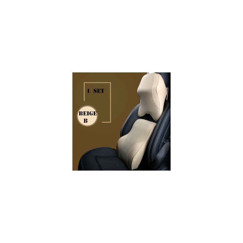 ( B 1Set) Leather Mesh Car Neck Pillow Set Memory Foam Auto Headrest Waist Support Beige 9329547872965