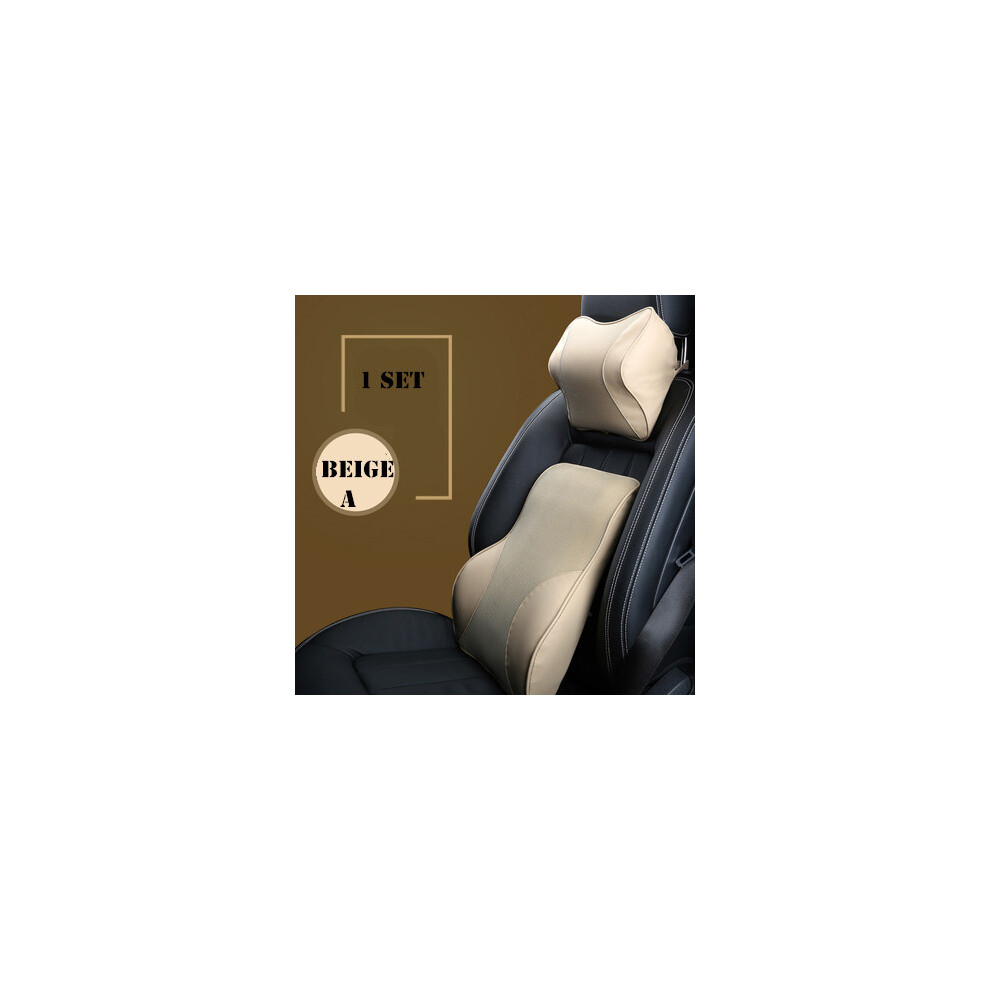 Maxpower (Beige A 1Set) Leather Mesh Car Neck Pillow Set Memory Foam Auto Headrest Waist Support