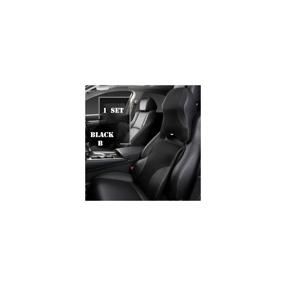 Maxpower (Black B 1Set) Leather Mesh Car Neck Pillow Set Memory Foam Auto Headrest Waist Support