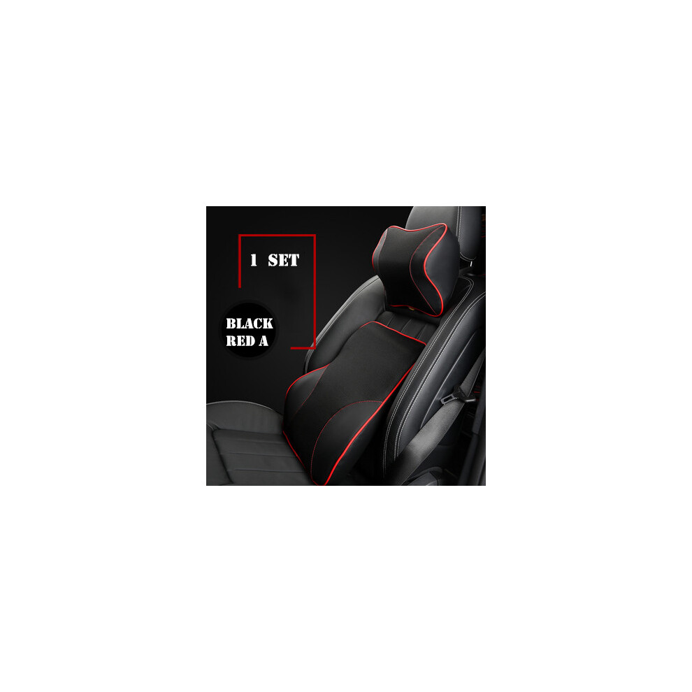 Maxpower (Black Red A 1Set) Leather Mesh Car Neck Pillow Set Memory Foam Auto Headrest Waist Support