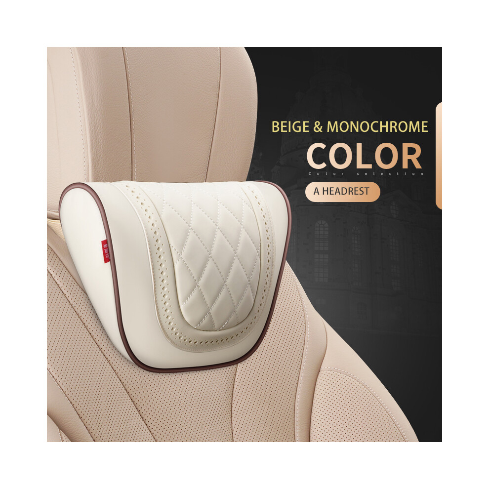 (-Headrest) Car Leather Headrest Memory Foam Car Rest Pillow Back Cushion Auto Seat Beige 9329547855142