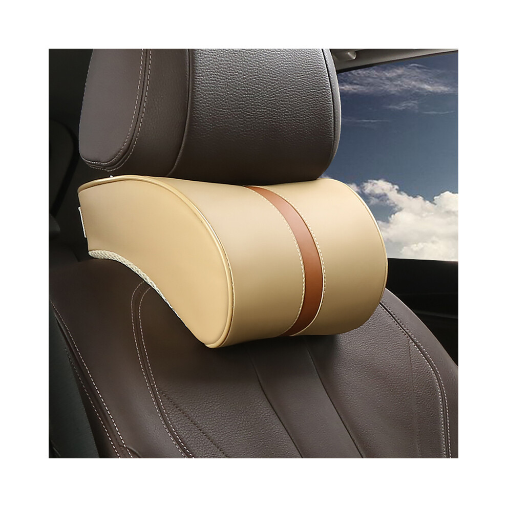 (Beige) Car Seat Headrest Travel Rest Neck Pillow Pu Leather Auto Lumbar Pad Memory Beige 9329547818147