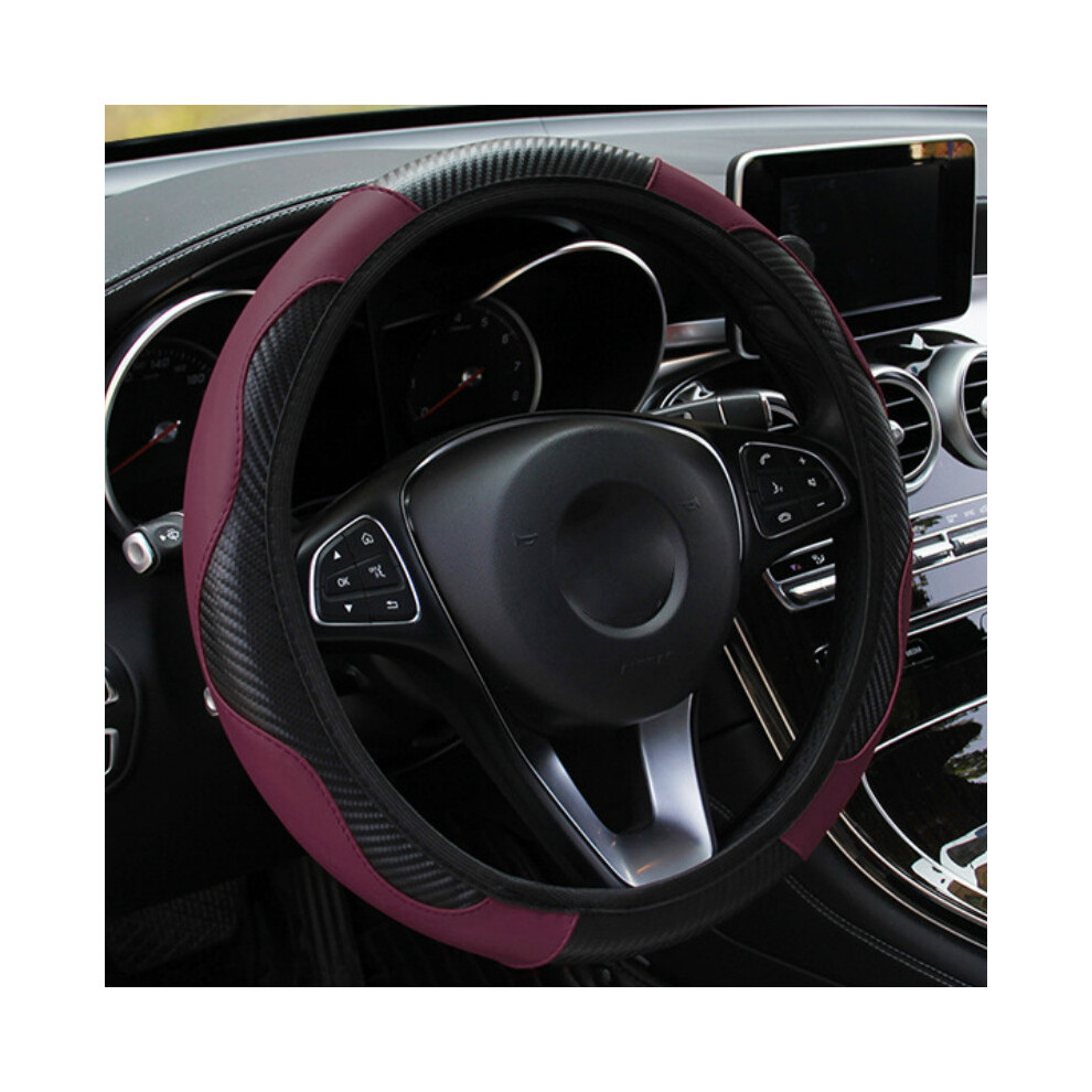 Maxpower ( Wine) Car Steering Wheel Cover Carbon Fiber Breathable Anti Slip Pu Leather Red