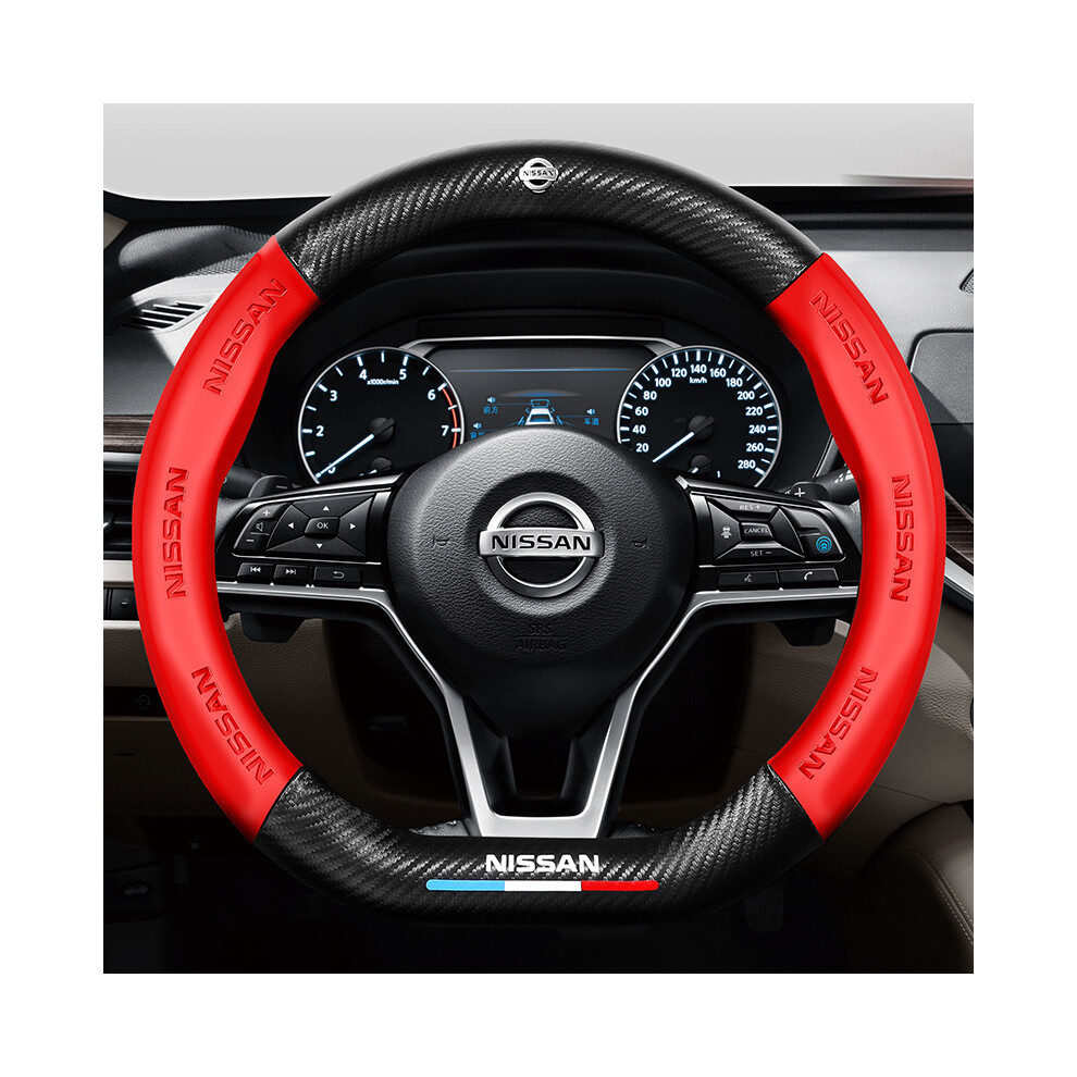 (Red) 38Cm Carbon Fiber Leather Car Steering Wheel Cover Four Seasons For Nissan Red 8293669669455