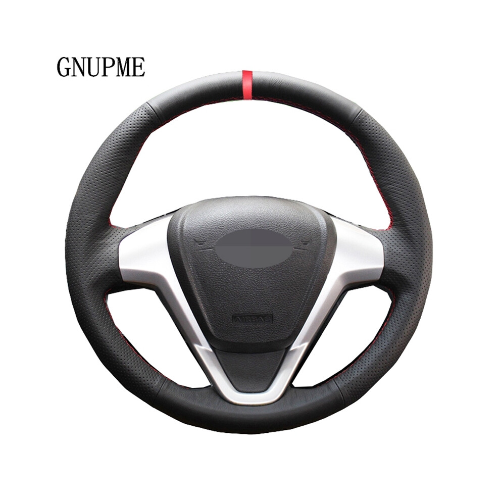 (Gray Thread) DIY Hand-Stitched Black Artificial Leather Car Steering Wheel Cover for-image-OPC-PDZNJDQ-NEW