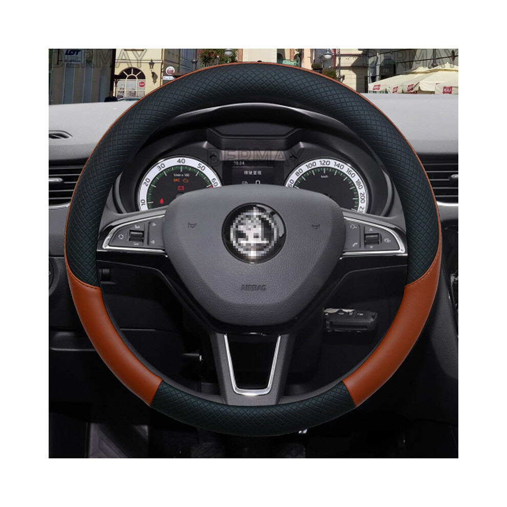 (Brown) Leather Car Steering wheel Cover Anti-slip for Skoda Fabia 1 2 3 I II-image-OPC-PDZNJGC-NEW
