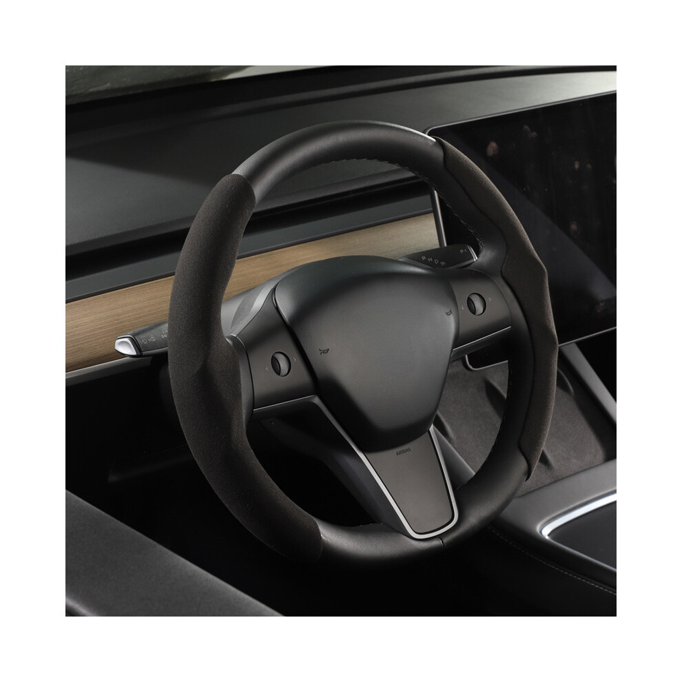 (-38Cm) Car Steering Wheel Cover For Tesla Model 3 Model Y Suede Ultra-Thin Sweat Black 8293669662395