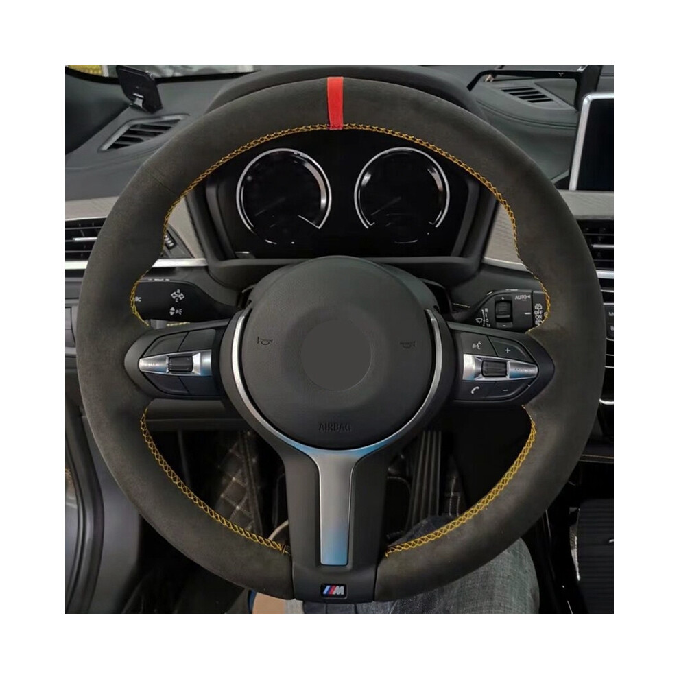 (Yellow Thread) Hand-stitched Black Suede Car Steering Wheel Cover For BMW M Sport F30-image-OPC-PDZNKZZ-NEW