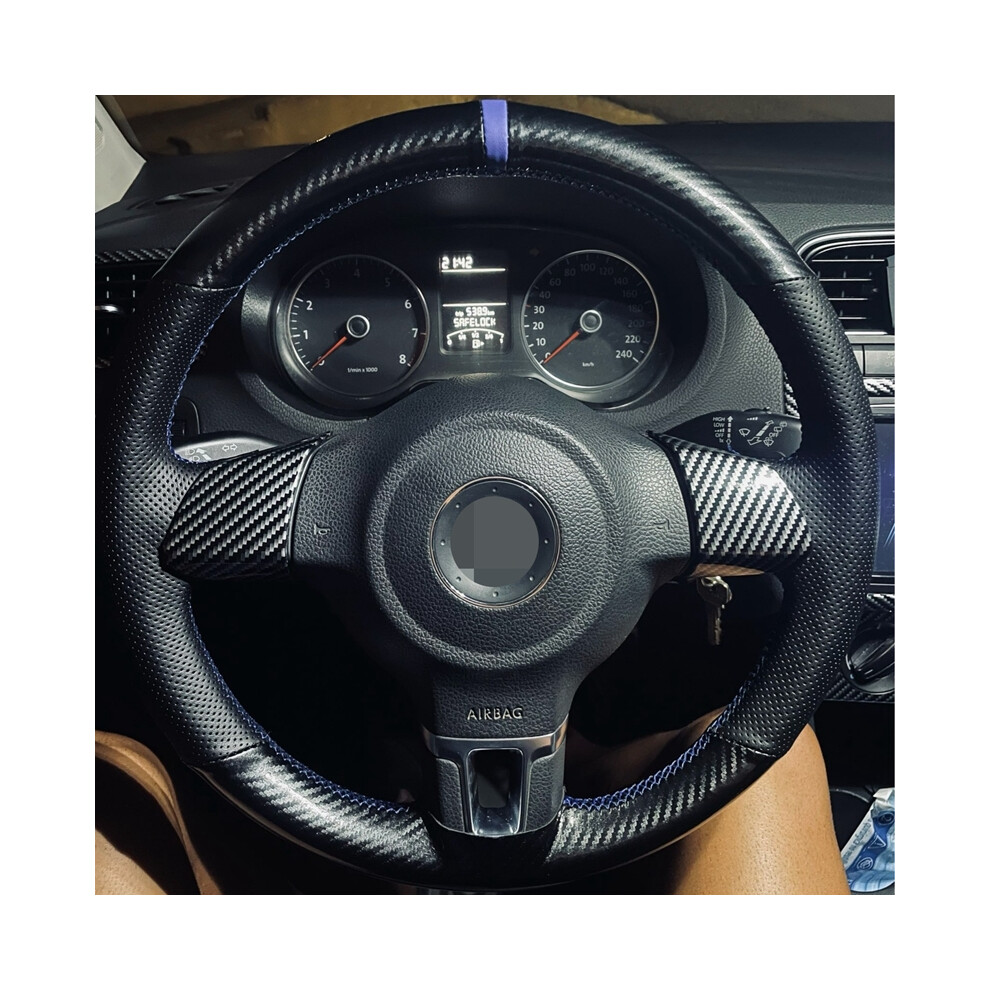 (Red Blue Thread) No-Slip Black Carbon Fiber Leather Car Steering Wheel Cover For Volkswagen