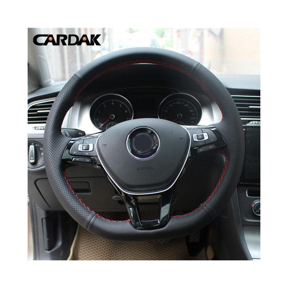(White thread) Hand-stitched Black Artificial Leather Steering Wheel Cover for Volkswagen-image-OPC-PDZNM9D-NEW