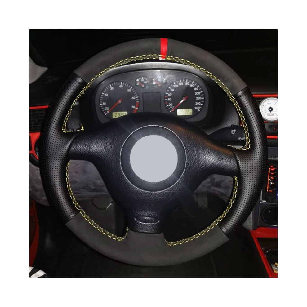(Red Blue Thread) Black Suede Leather Car Steering Wheel Cover for Volkswagen VW Golf 4-image-OPC-PDZNMBS-NEW