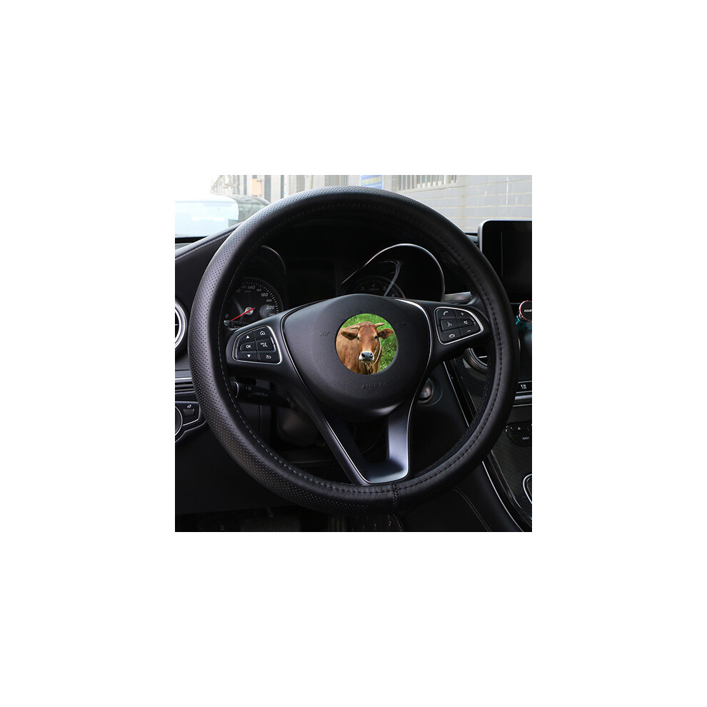 (Black) Universal 38Cm Car Steering Wheel Cover Genuine Leather Braid For Steering Black 8293669657384