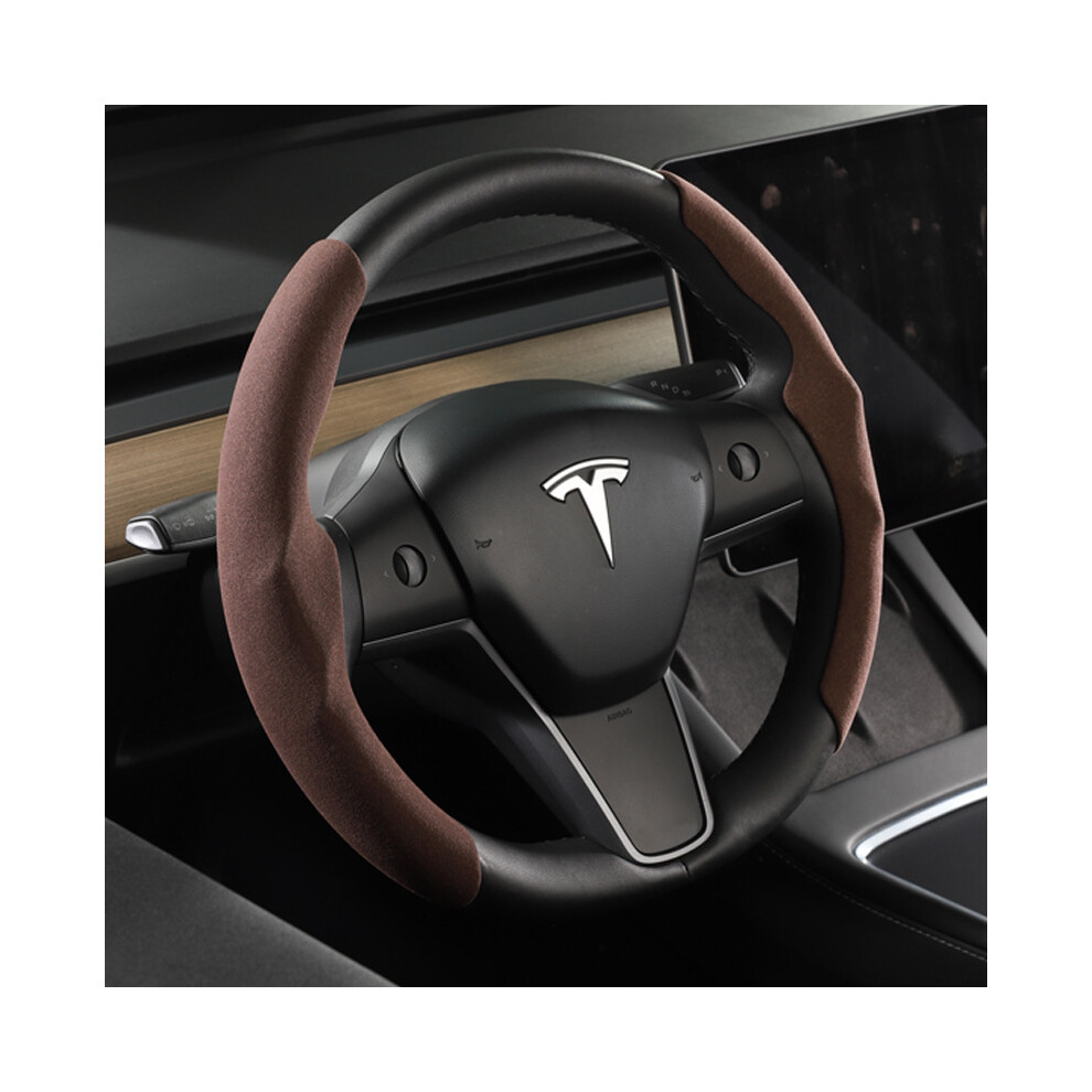 (Brown) Suede Steering Wheel Cover Custom Fit For Tesla Model 3 Y 2017-2022 2023 Brown 8293669641109