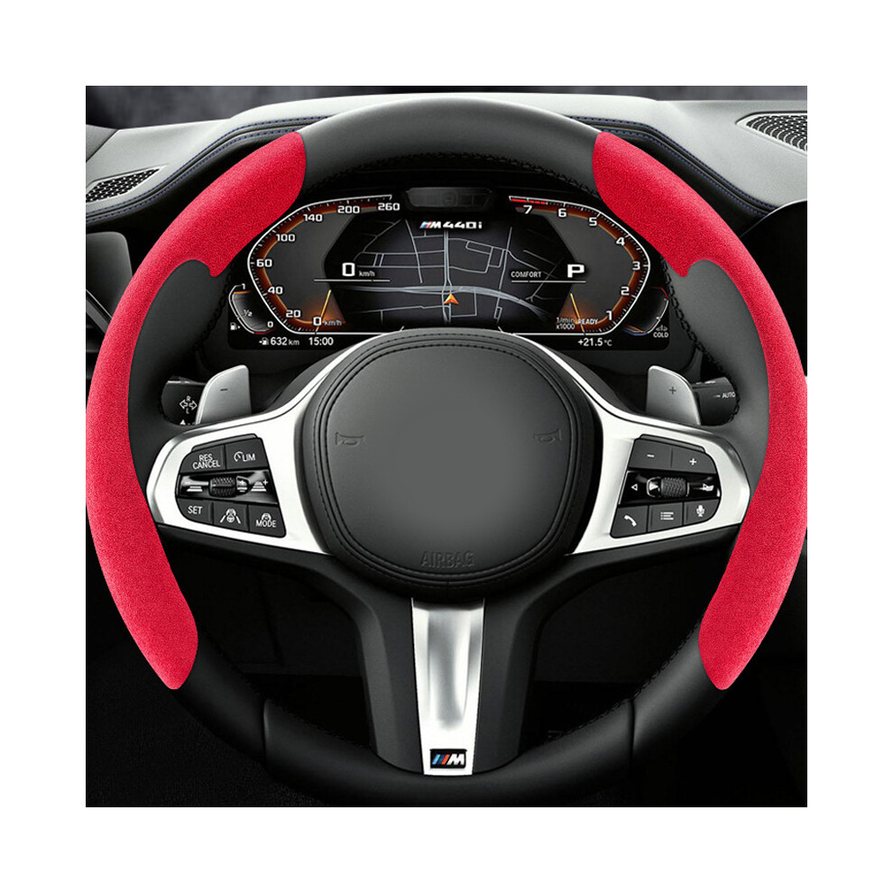 (Red) Suede Car Steering Wheel Cover 38Cm 15Inch Fur Material Universal Steer Red 8293669623822