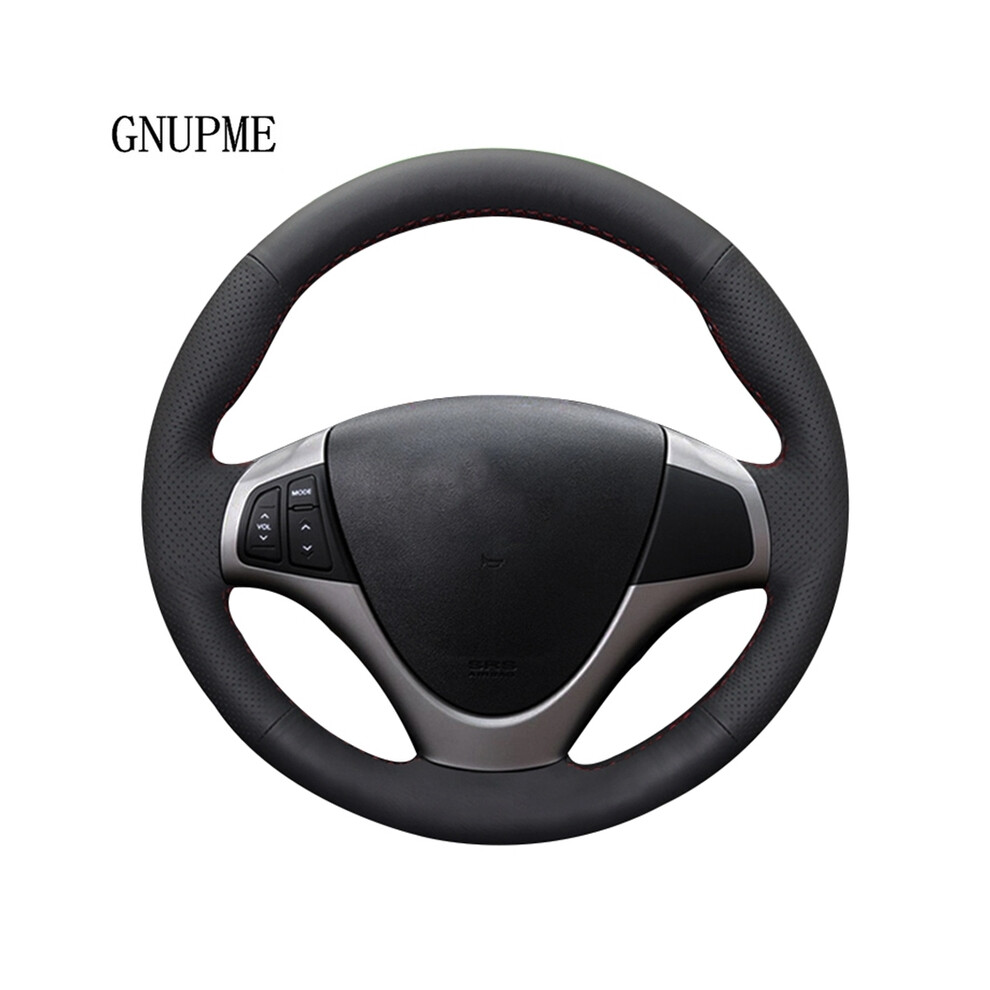 (Black Thread) DIY Hand-stitched Black Artificial Leather Car Steering Wheel Cover for-image-OPC-PDZNP5M-NEW