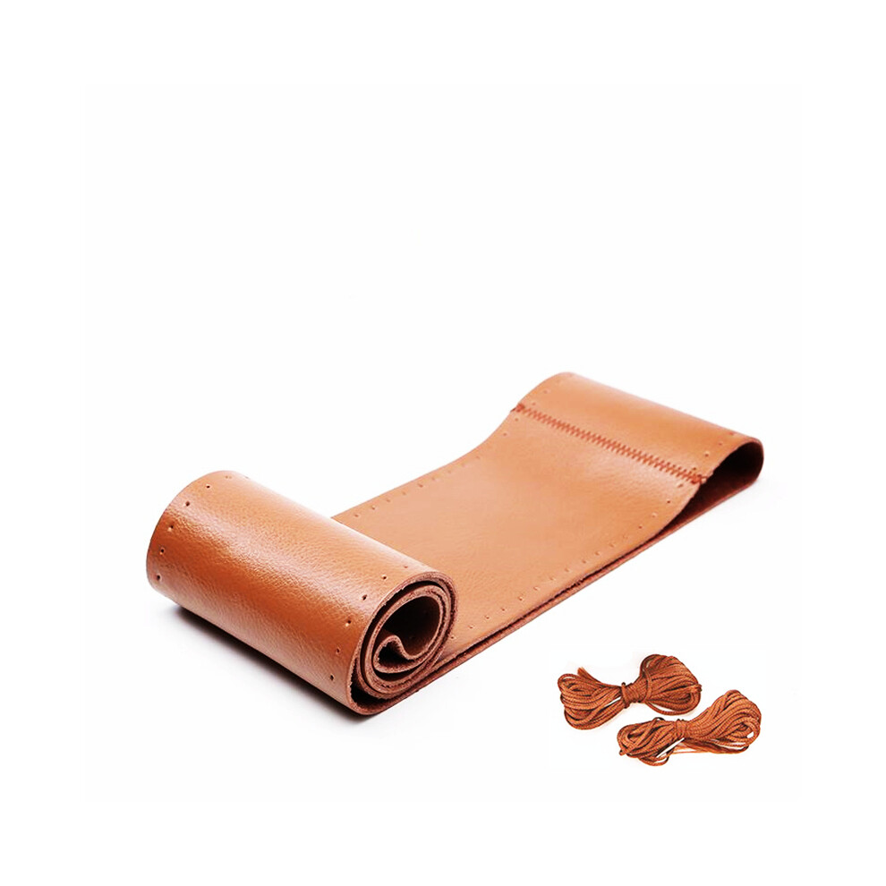 Maxpower ( Line) Universal Car Steering Wheel Cover Genuine Leather Stitch On Wrap Leather Brown
