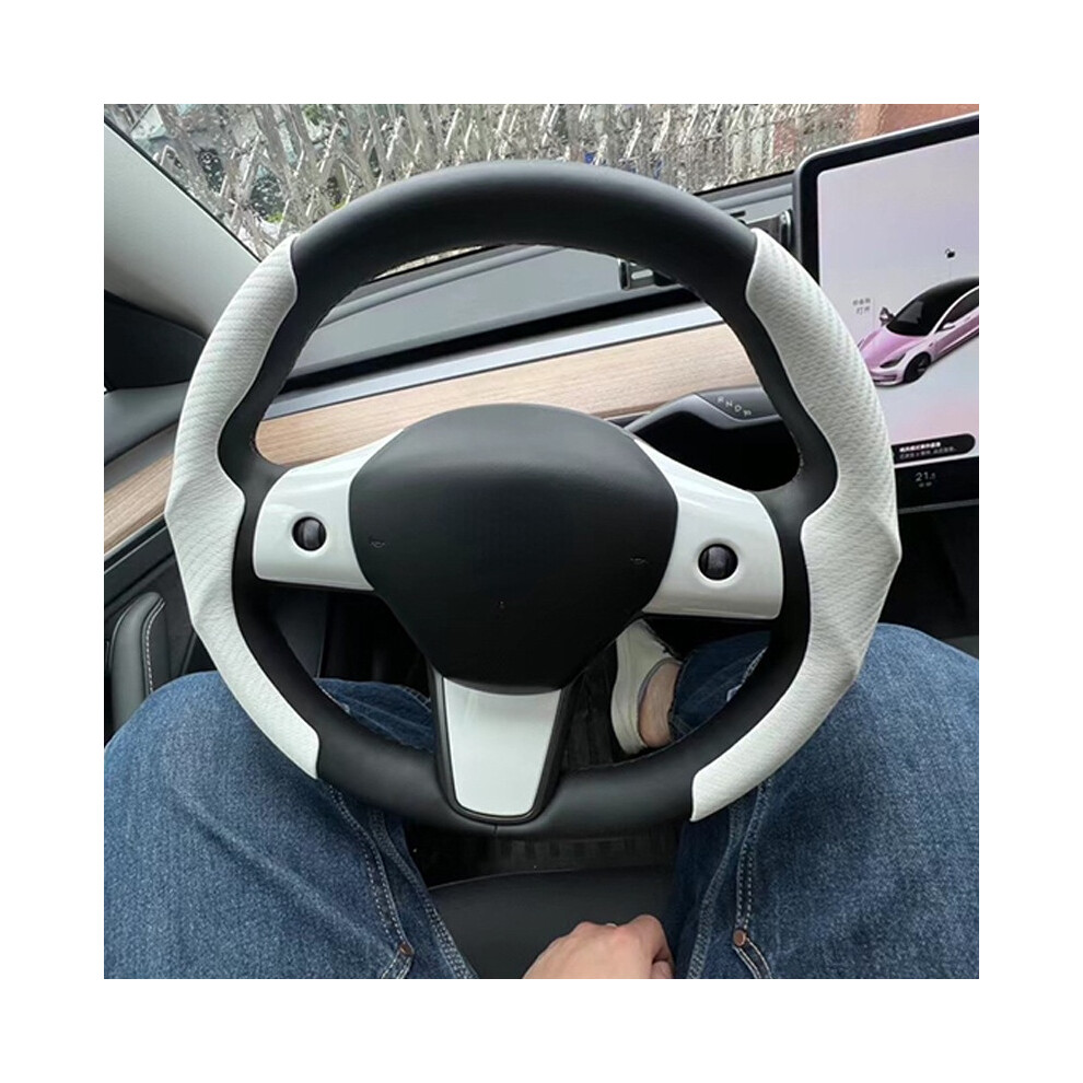 (White) For Tesla Model 3 Steering Wheel Cover Suede Ultra Thin Sweat Absorbent White 8293669644063
