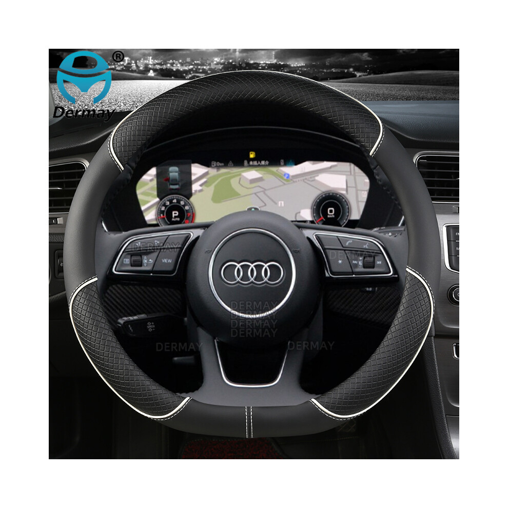 (D Shape White) Microfiber Leather Sport Car Steering Wheel Cover Non-slip For Audi A1