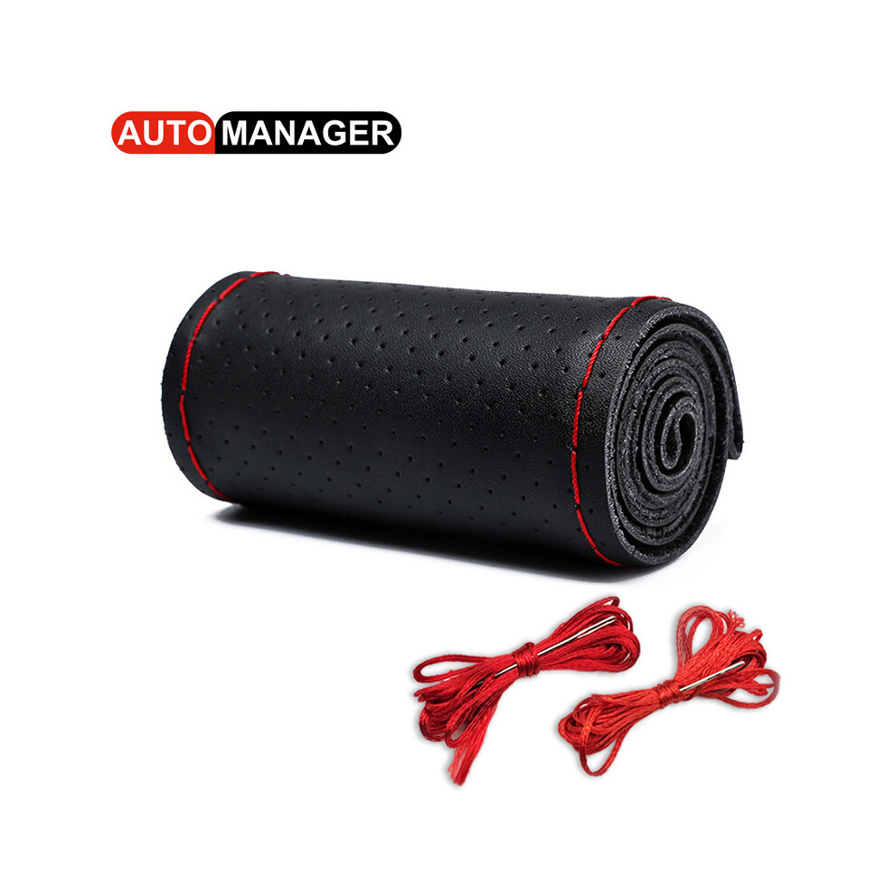 (Hole Black Red) Car Steering Cover Braid Leather Steering Wheel Case for Auto 38cm 15-image-OPC-PDZNQVX-NEW
